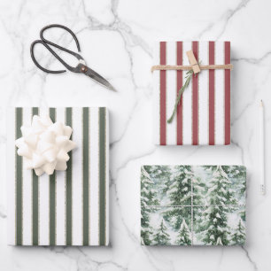 Feuille De Papier Cadeau Sapins de Noël Rayures Rouge Blanc Olive Vert