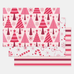 Feuille De Papier Cadeau Sapins de Noël rouges et roses, bonbons et rayures