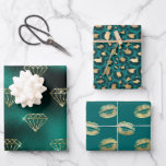 Feuille De Papier Cadeau Sarcelle et Or<br><div class="desc">Papier cadeau tendance sarcelle et faux paillettes et feuille d'or avec des diamants scintillants,  des taches de léopard et des lèvres qui s'embrassent.</div>