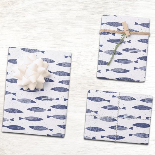 Feuille De Papier Cadeau Sardine Fish Navy Blue White Coastal