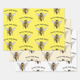 Feuille De Papier Cadeau Sauvez les abeilles Jaunes