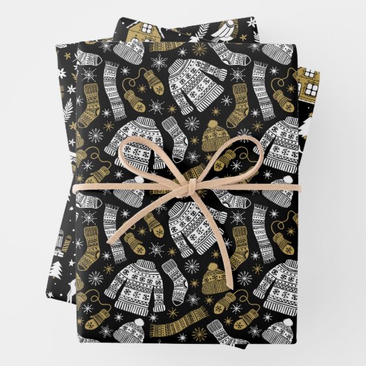 Feuille De Papier Cadeau Scandi hiver Noël Or & Forêt Noire (En situation)