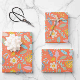 Feuille De Papier Cadeau Scandinavie Folk Floral Motif en Orange