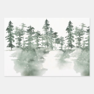 Feuille De Papier Cadeau Scène d'hiver de pins gris et verts neigeux