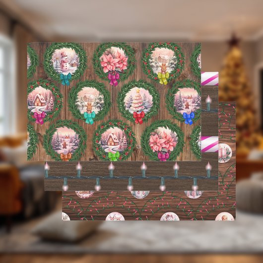 Feuille De Papier Cadeau Scènes de Noël roses