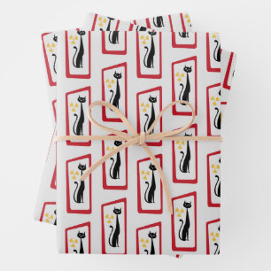 Feuille De Papier Cadeau Schrödinger's Cat Mid Century Rouge moderne