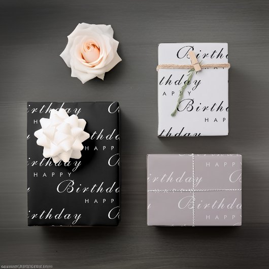 Feuille De Papier Cadeau Script d'anniversaire minimaliste moderne