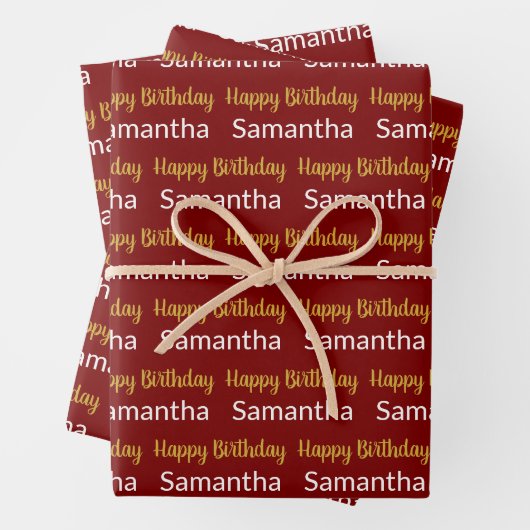 Feuille De Papier Cadeau Script d'anniversaire or rouge foncé et blanc Nom (En situation)