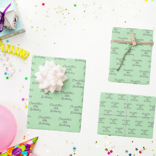 Feuille De Papier Cadeau Script de nom gris vert menthe d'anniversaire