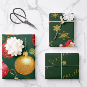Feuille De Papier Cadeau Script Festive Green et Gold Christmas