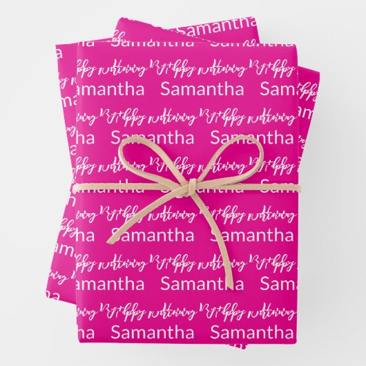 Feuille De Papier Cadeau Script Joyeux Anniversaire Rose Chaud et Nom Blanc (En situation)