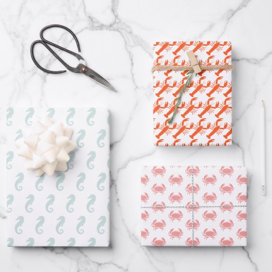 Feuille De Papier Cadeau Sea Animaux motifs homard crabe hippocampe mignon (Recto)