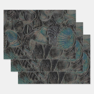 Feuille De Papier Cadeau Sea Shells Ocean Beach Turquoise Black Art Decoupa