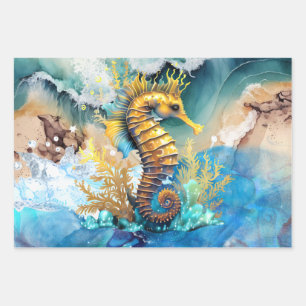 Feuille De Papier Cadeau Seahorse Plage d'or bleu 3D sable mer mer vagues