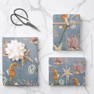 Feuille De Papier Cadeau Seahorses Starfish Sous La Mer Bleue Profonde