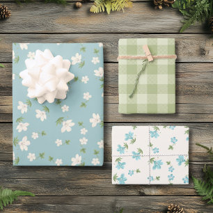 Feuille De Papier Cadeau Shabby Chic Bleu Floral Cottagecore Gingham