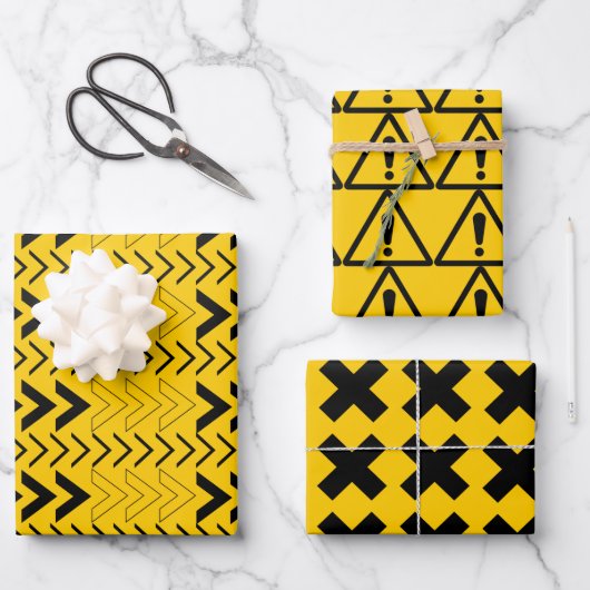 Feuille De Papier Cadeau Signes de prudence simples et modernes Jaune et No (Recto)