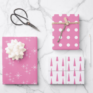 Feuille De Papier Cadeau Simples Snowflakes Arbres de Noël rose