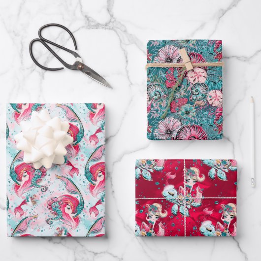 Feuille De Papier Cadeau Sirène de Noël et amis (Recto)