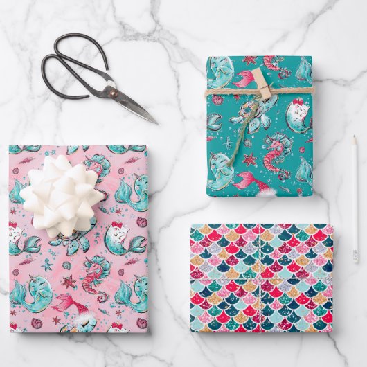 Feuille De Papier Cadeau Sirène de Noël et amis (Recto)