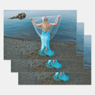 Feuille De Papier Cadeau Sirène Par Bleu Bleu Bleu Nautique Éthérée
