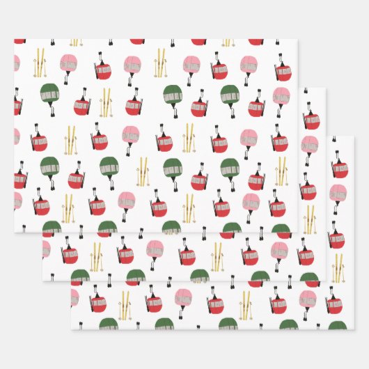Feuille De Papier Cadeau Ski d'hiver Gondola retro blanc (Lot)