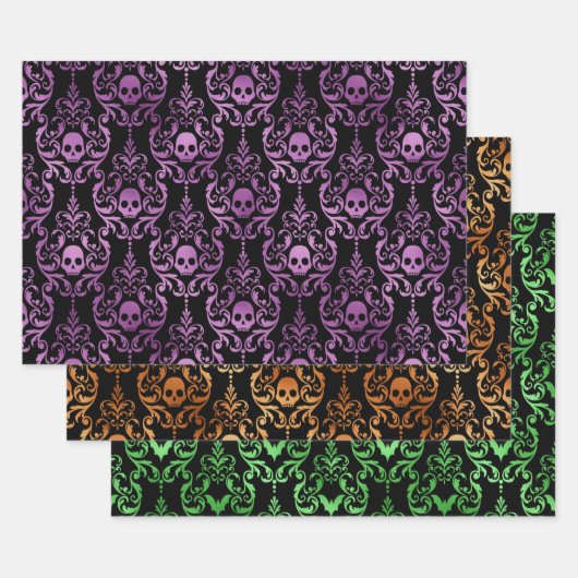 Feuille De Papier Cadeau Skull Halloween Damask in Purple, Orange, Green (Lot)
