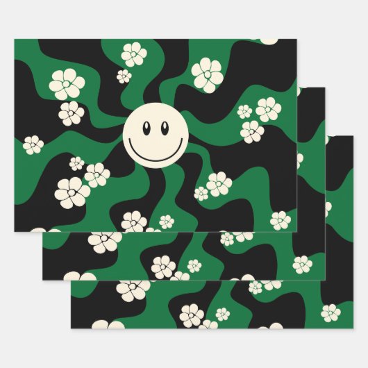 Feuille De Papier Cadeau Smile - Vert, Crème et Noir (Lot)