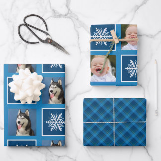 Feuille De Papier Cadeau Snowflake & Favoris 2 Photo. Bleu.