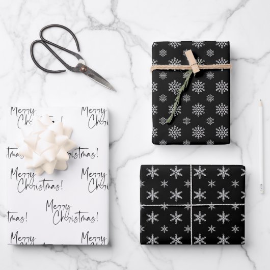 Feuille De Papier Cadeau Snowflakes de Black and White Merry (Recto)