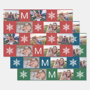 Feuille De Papier Cadeau Snowflakes et Monogram Photo Collage