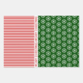 Feuille De Papier Cadeau Snowflakes, sapins de Noël rouge rayures vertes (Devant)
