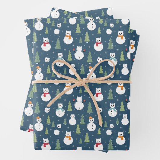 Feuille De Papier Cadeau Snowman Cats Motif de vacances (En situation)