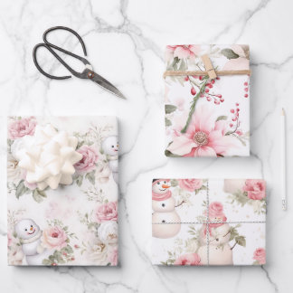 Feuille De Papier Cadeau Snowman Et Fleurs De Noël Rose vintage
