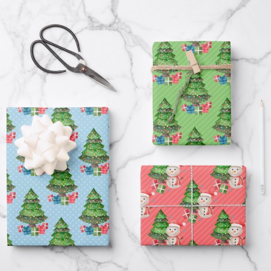 Feuille De Papier Cadeau Snowman Noël Arbres présente (Recto)