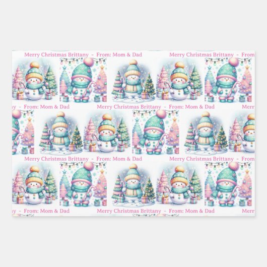 Feuille De Papier Cadeau Snowman Personnaliser Nom rose Fille Noël 3 (Devant 2)