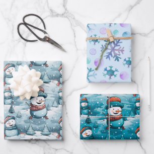 Feuille De Papier Cadeau Snowmen Joueurs Pine Trees Snowflakes Noël