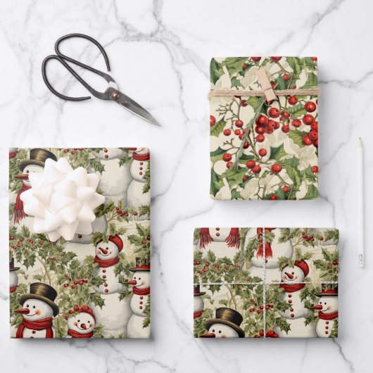 Feuille De Papier Cadeau Snowmen vintage Et Holly (Recto)