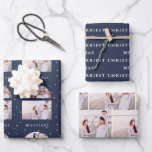 Feuille De Papier Cadeau Snowy Globe Blue Merriest Christmas Photo<br><div class="desc">Ces belles feuilles de papier d'emballage de Noël bleu et blanc d'hiver comprennent une grille photo en arc qui rappelle les classiques boules de neige des fêtes, et un arrière - plan d'impression de points de neige sur bleu foncé. Le deuxième design de vacances est la typographie traditionnelle de Noël...</div>