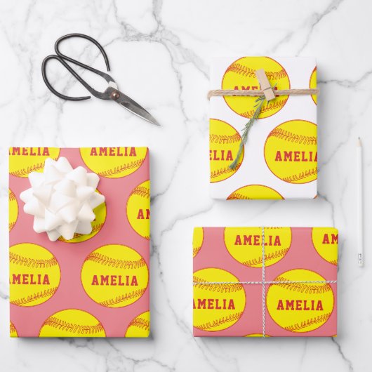 Feuille De Papier Cadeau Softball Ball Player Enfants Nom Anniversaire (Recto)