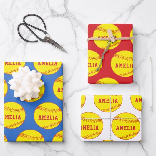 Feuille De Papier Cadeau Softball Ball Player Enfants Nom Anniversaire (Recto)