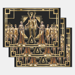 Feuille De Papier Cadeau Soirée Gatsby sur le thème or et noir avec des fil