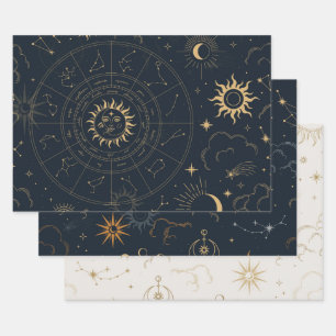 Feuille De Papier Cadeau Soleil céleste et lune