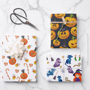 Feuille De Papier Cadeau Sorcière Citrouille de bonbons orange noir Hallowe