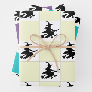 Feuille De Papier Cadeau Sorcières noires sur carreaux jaunes, violets et s