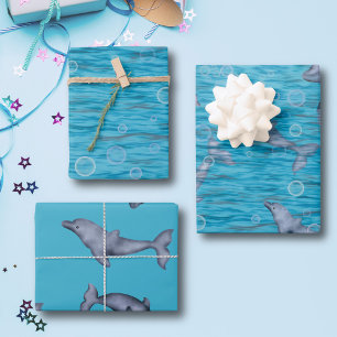 Feuille De Papier Cadeau Sous La Mer Avec Dauphins Anniversaire