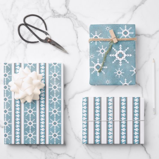 Feuille De Papier Cadeau Southwest Winter Snowflakes & Pine Trees Blue (Recto)