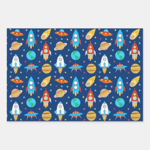 Feuille De Papier Cadeau Space Rockets Stars Comètes Planètes Bleus