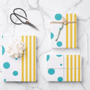 Feuille De Papier Cadeau Spots et rayures - Turquoise et Jaune