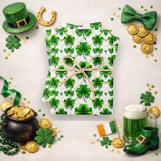 Feuille De Papier Cadeau St. Patrick's Day Green Clover Diamond Pattern